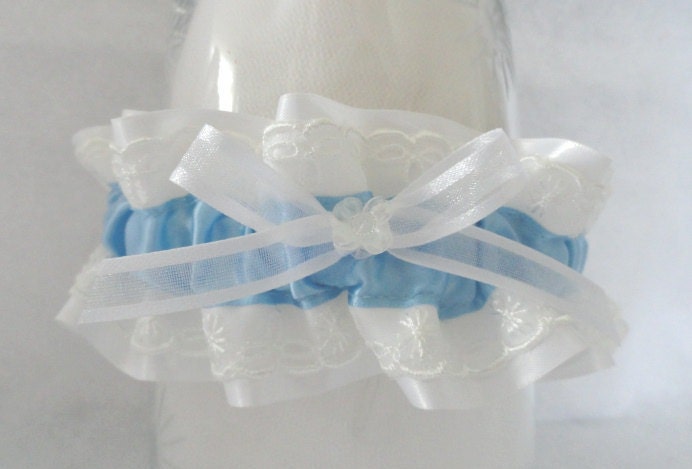 Whte and Blue Satin Wedding Garter-Vintage Lace and Beads