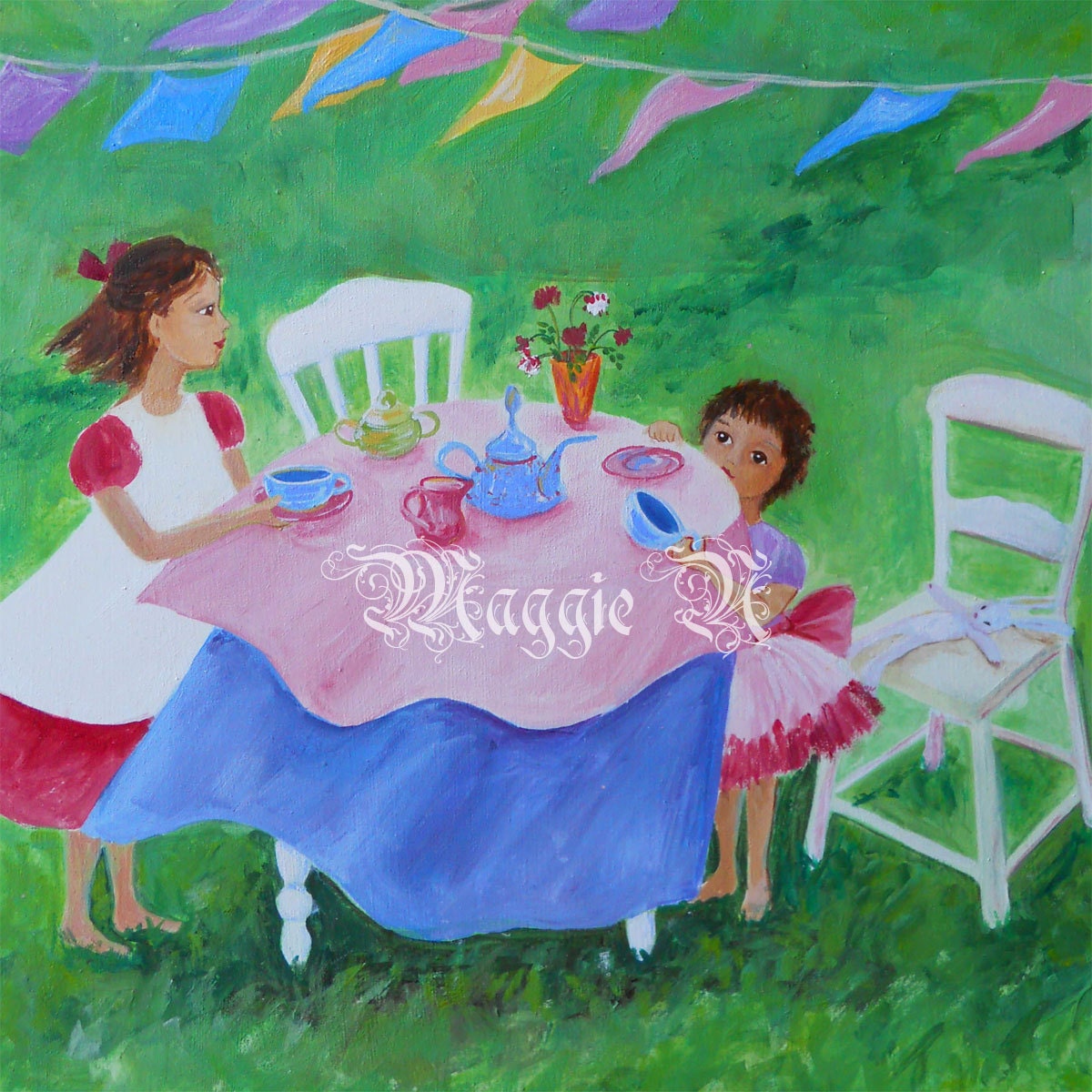 Tea Party - Sisters at Teatime - Acrylic Painting - 11 x 14 Inches