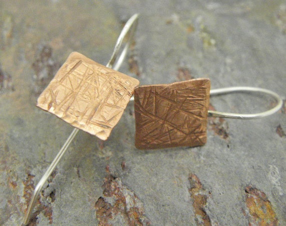 Random Line Earposts, Copper and Sterling Silver soldered earrings