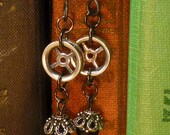 Steampunk Sky Captain black pearl and cog earrings E010