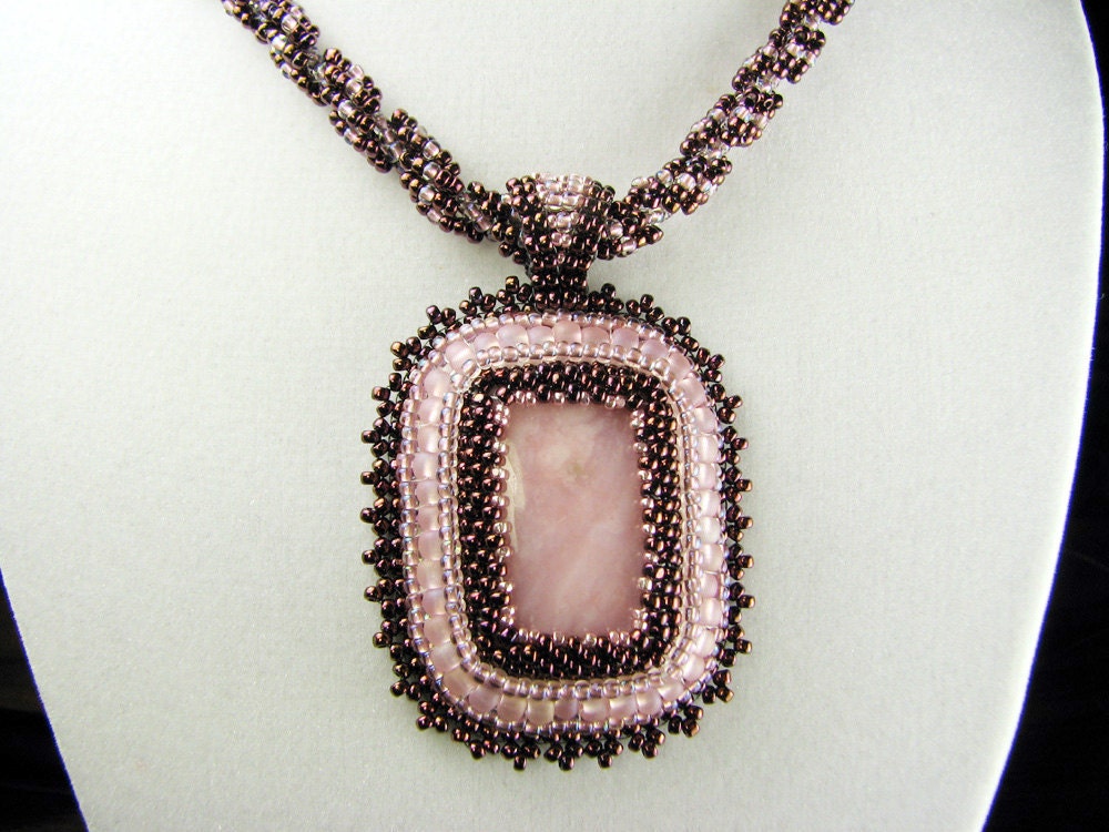 Pink Opal Cabochon Beadwork Pendant with Spiral Weave Rope Necklace