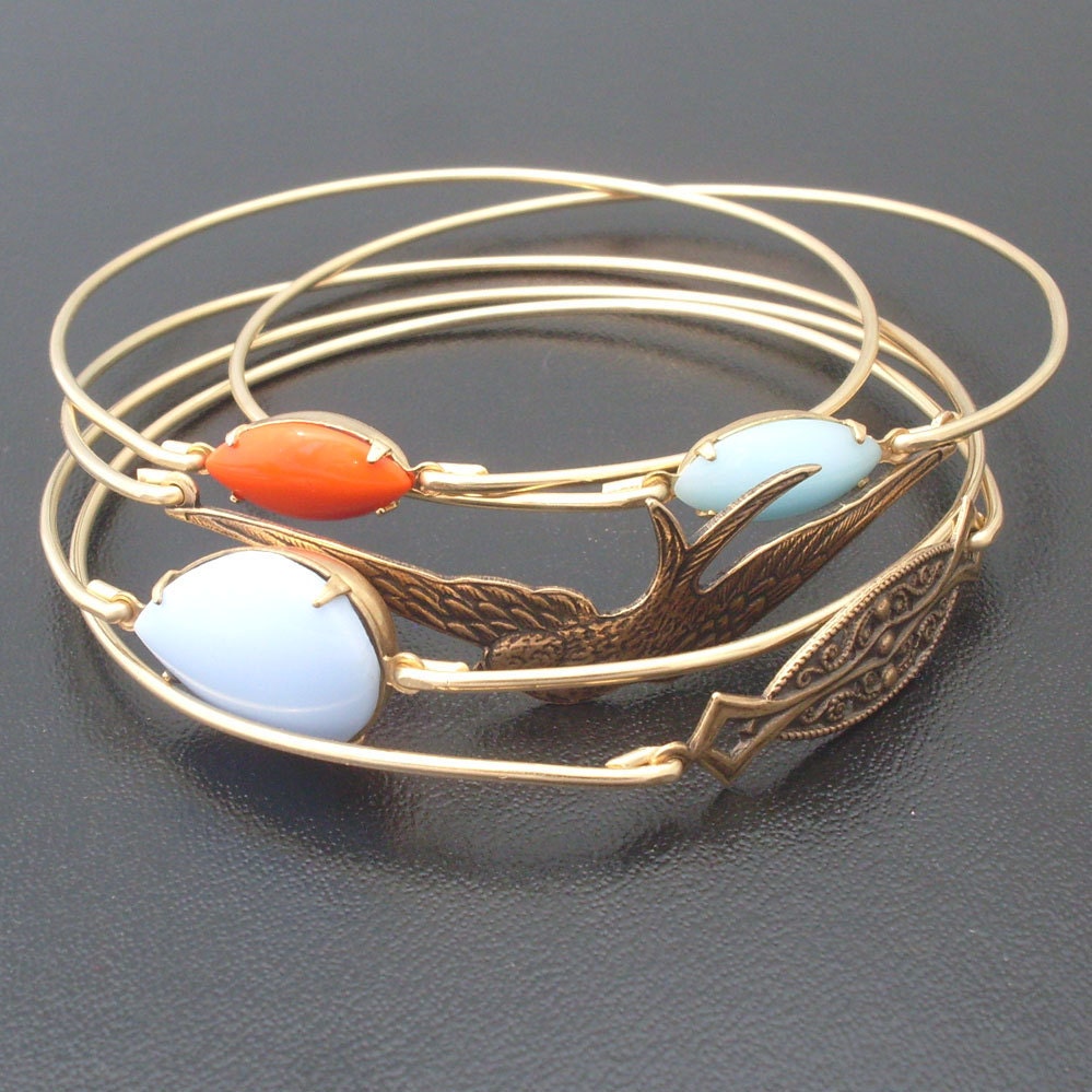 Free as a Bird Bangle Bracelet Set - Gold, Blue, Red - Won't You Fly High, Freebird