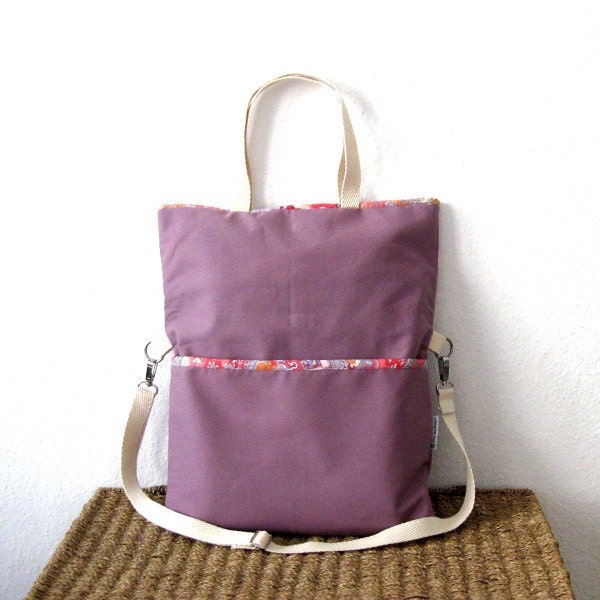 Messenger tote shoulder shopping school large bag handbag cross body bag mauve lilac violet pink floral cotton handmade - meilingerzita