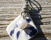 Blue Waves Reinvented Pottery Wire Wrapped Pendant  Seaglass  beach combed