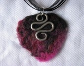Pendant felted heart with a swirl red black and pink
