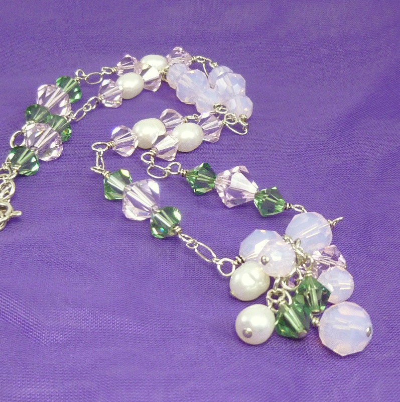 Pink Green Crystal Pearl Sterling Silver Necklace with Cluster Pendant