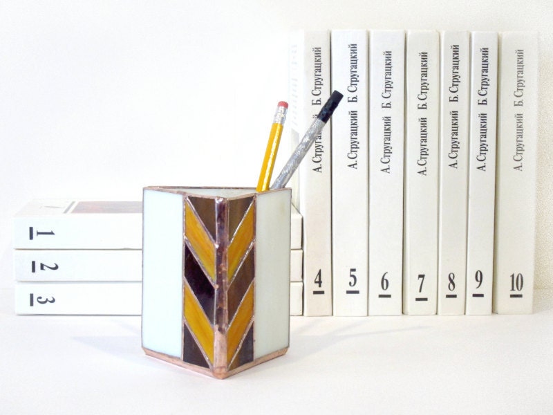 Pencil Holder Stained Glass Arrow Pumpkin Orange Brown Beige Southwestern Feather Geometric Handmade OOAK 247