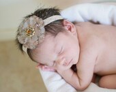 Interchangable Soft Mocha Flower with Shimmery Glimmery Accents and Millinery Tulle Infants, Babies or Adults