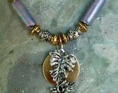 Pewter Grape Vine Pendant with Rhinestone, on Polished Brass Disk, Beaded