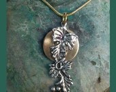 Grape Vine Pendant with Rhinestone on Brass Disk, Gold Chain