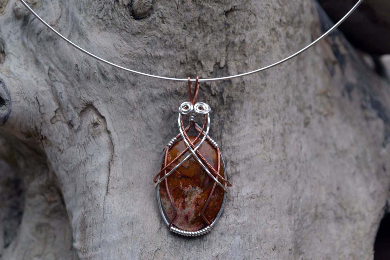 Agate Pendant Wire Wrapped in Sterling Silver and Copper