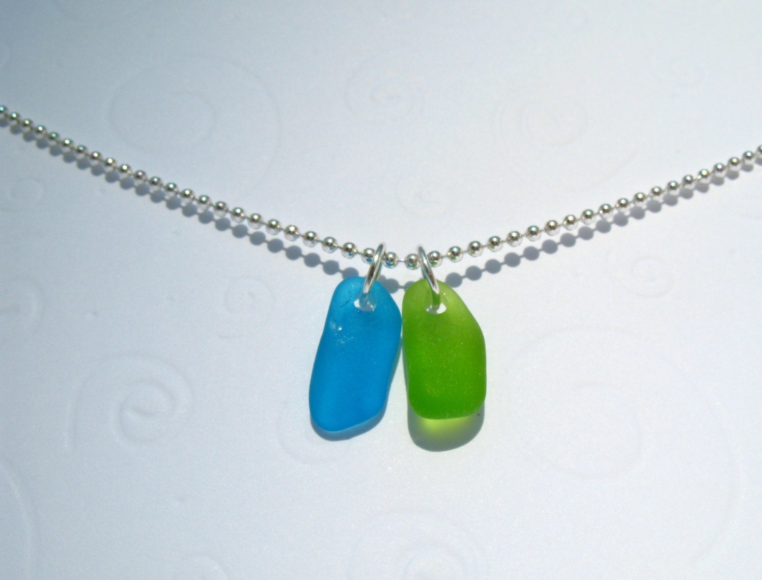 Turquoise and Lime Green Sea Glass Necklace on Sterling Silver