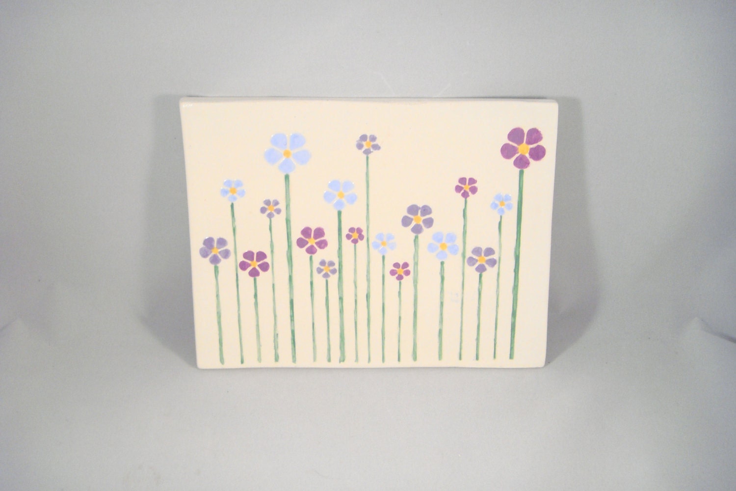 Flower Garden Ceramic Art Tile Pottery Blues and Purples