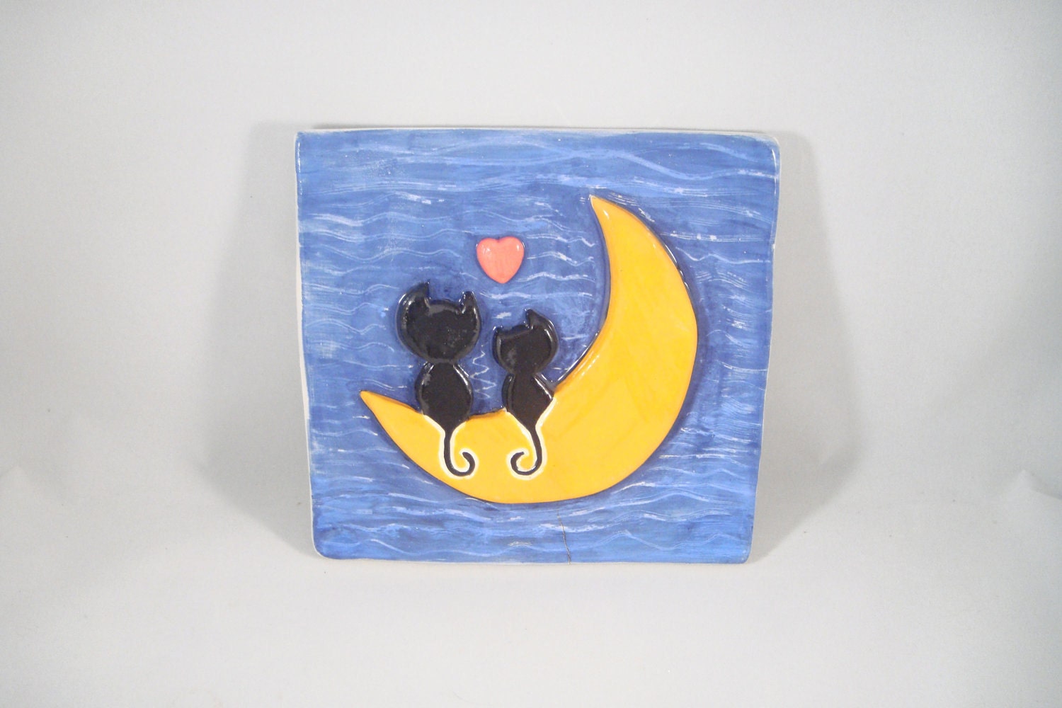 Lovey Dovey Kitty Cats on the Moon Ceramic Pottery Art Tile