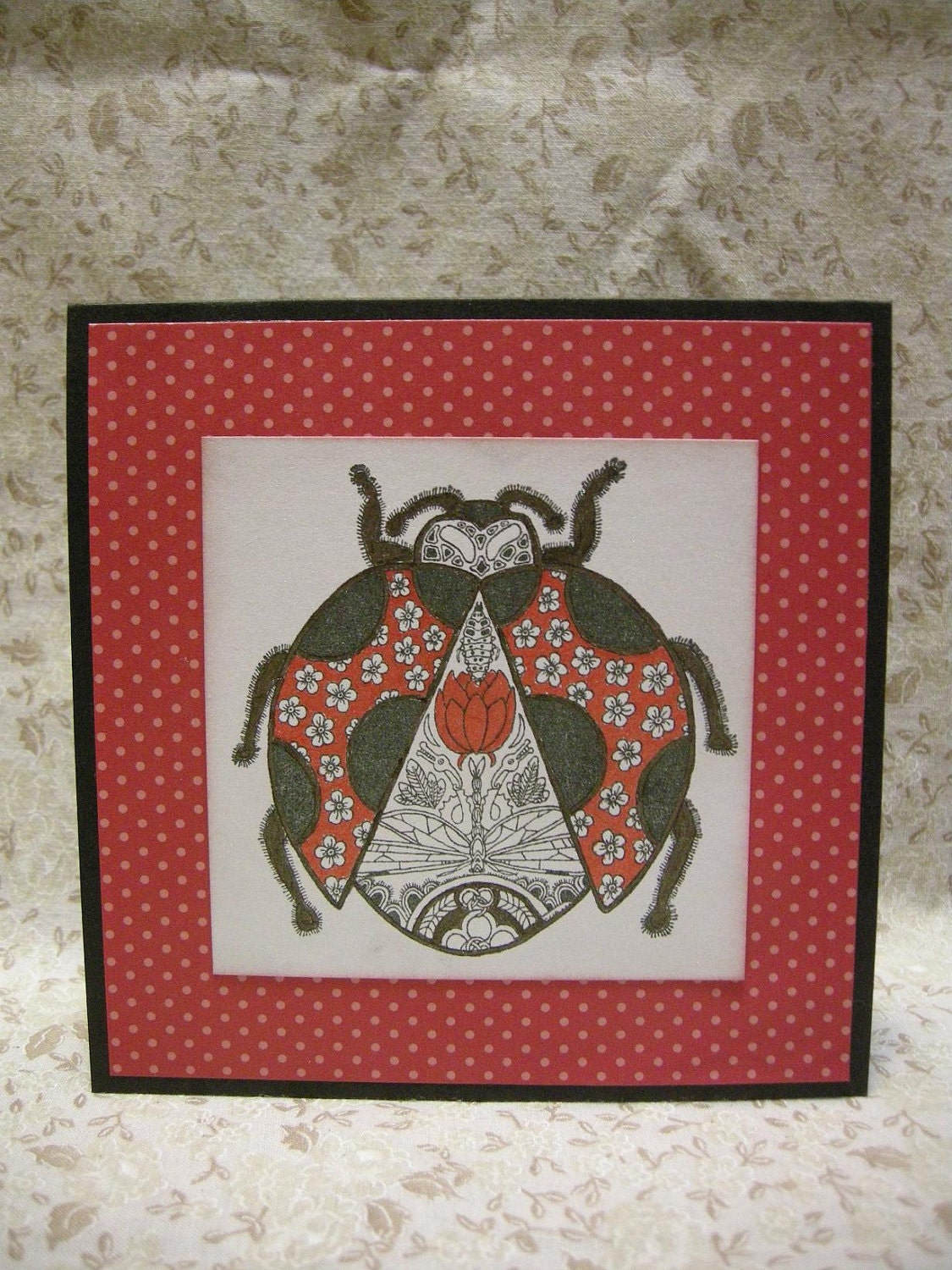Earth Ladybug 5x5 card with Neenah Natural Crest Envelope - Flowers, dragonfly, lotus, caterpillar