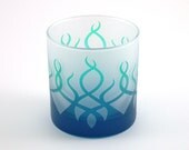 Glass Tumbler / Candle Holder - Strands - Green and Blue Frost - Etched and Painted Glassware
