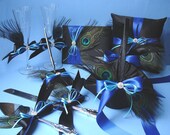 Peacock Wedding Guest Book, Pen, Pillow, Basket, Flutes and Cake Serving Set with Personalized Engraving