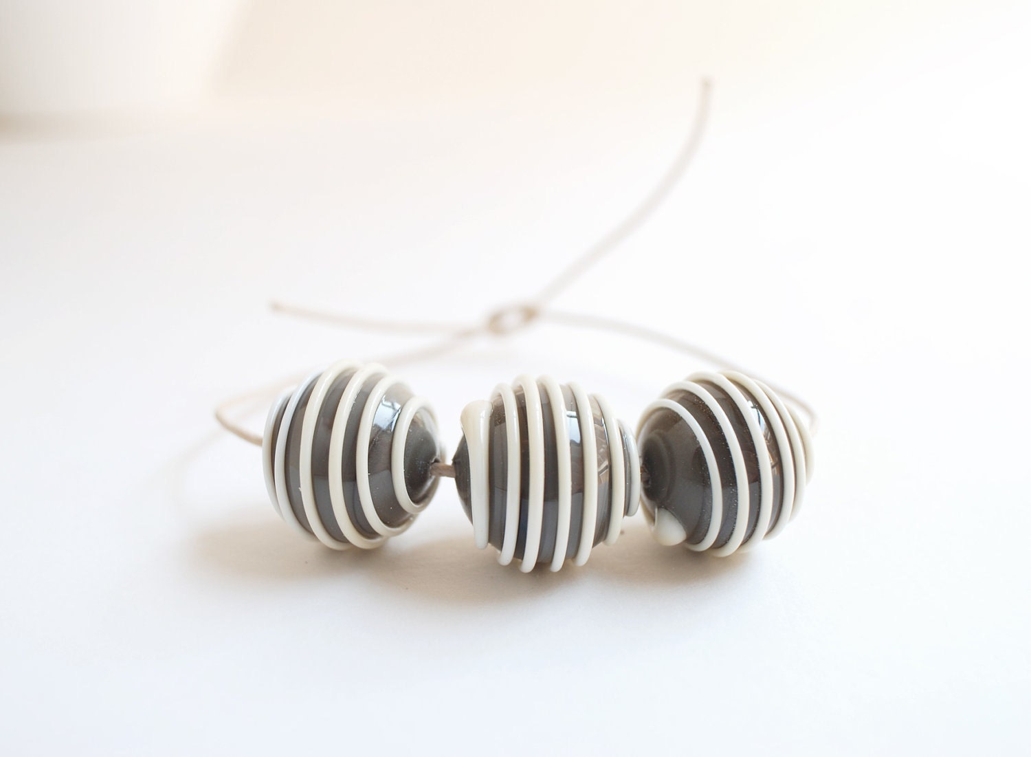 Lampwork Glass Beads - Set of (3) Gray with Ivory embossed stripes
