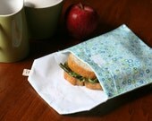 pair of reusable, lined sandwich bags in teal bubbles & plaid
