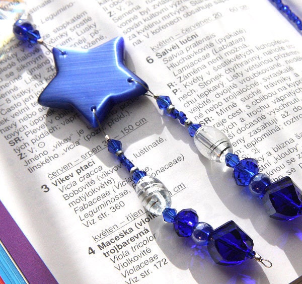 Beaded Bookmark. Night Sky Royal Blue Cat Eye Star. Cobalt Blue Warped-Cut Swarovski Crystal Balls & ART Beads. Perfect Gift for Avid Reader