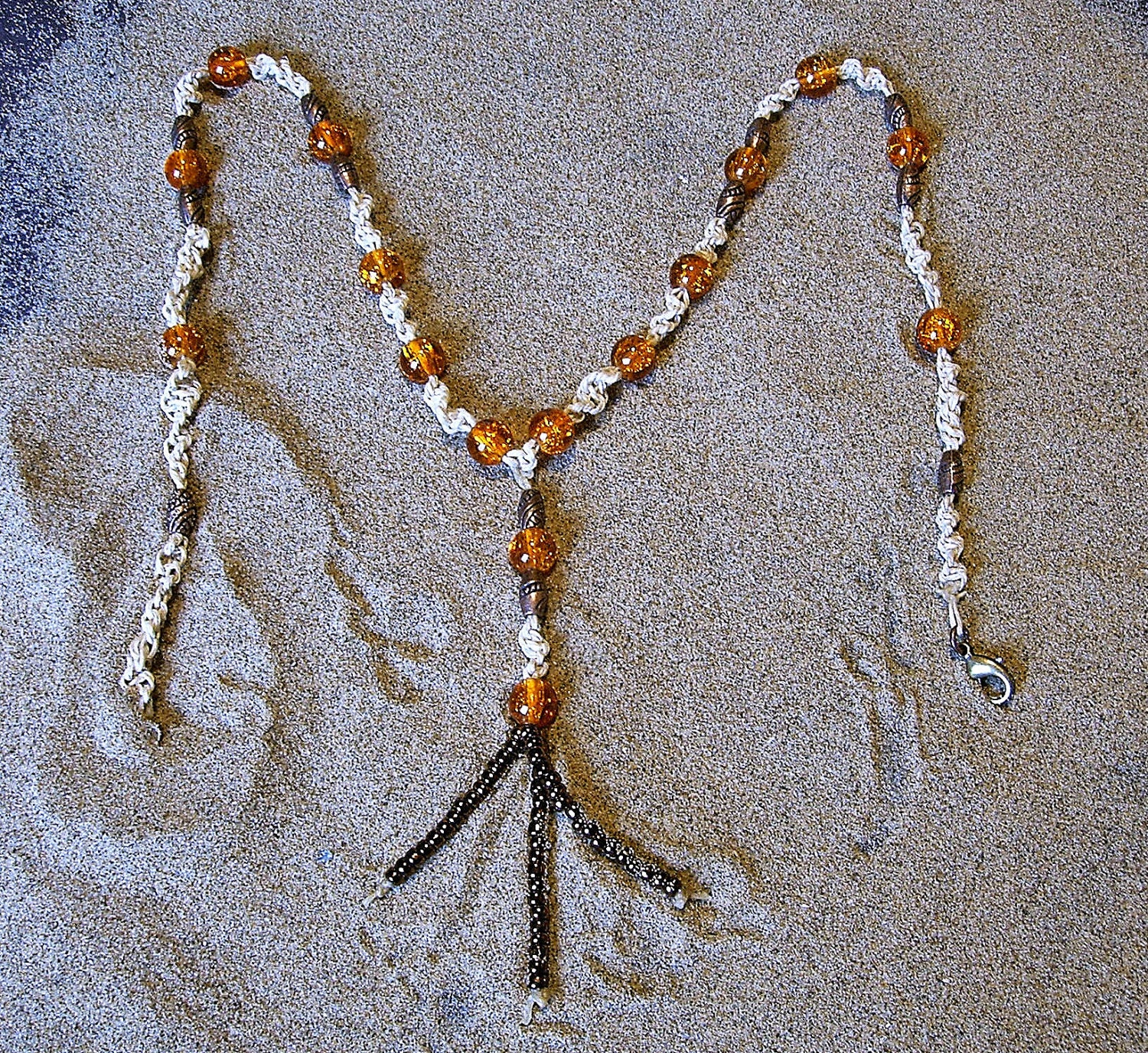 Macrame hemp necklace in Orange and copper.. Micro macrame hemp jewelry.