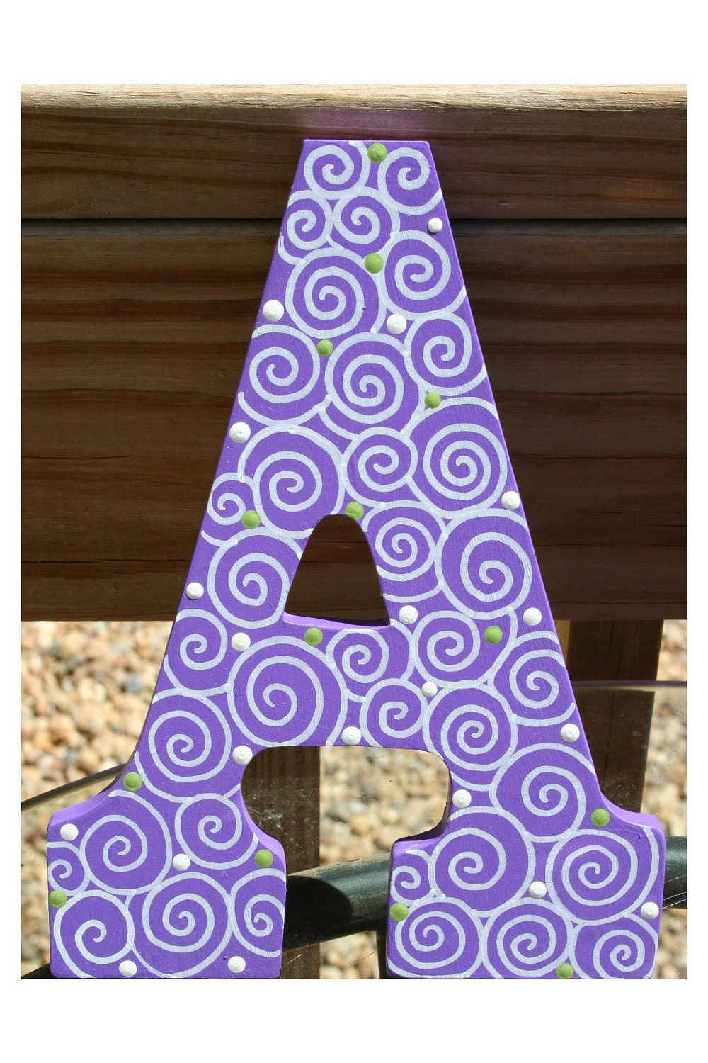 9" Lavender Purple with White Swirls and Green and White Polka Dots Letter "A"- Matching nail covers available