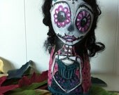 Art doll Dia de los Muertos OOAK Catrina cloth painted pillow day of the dead teal pink