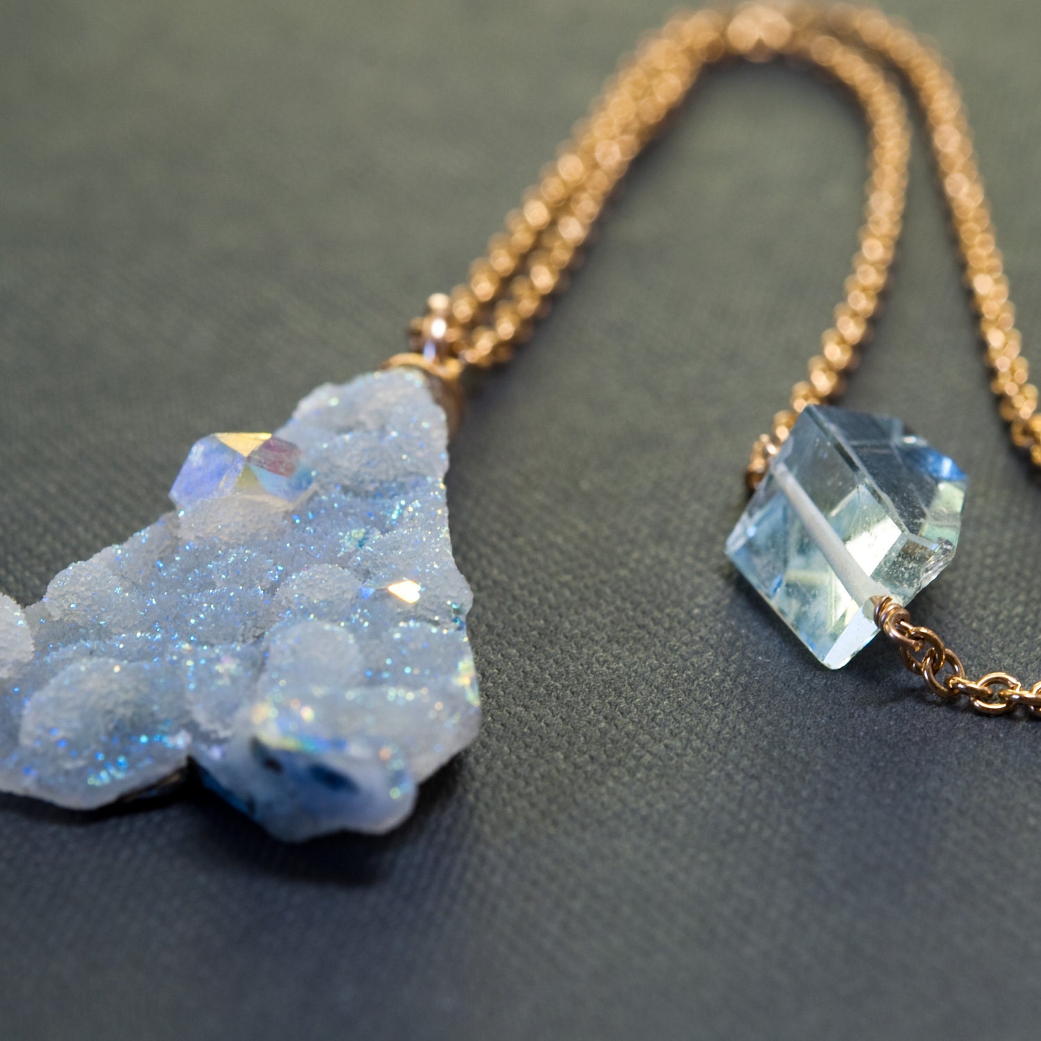 Long Druzy Necklace 14k Gold Fill Chain Aquamarine