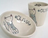 Baby Gift- Personalized Set - Cat and Scarf- Small Bowl and Juice Cup- Personalized Baby Gift