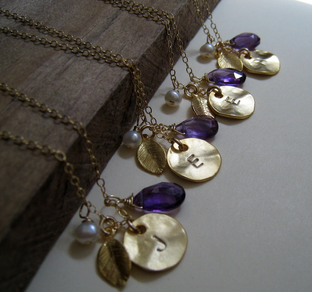Personalized Bridesmaid necklaces, Custom initial petite gold leaf, hand stamped gold disc, gemstone, birthstone, letter charm