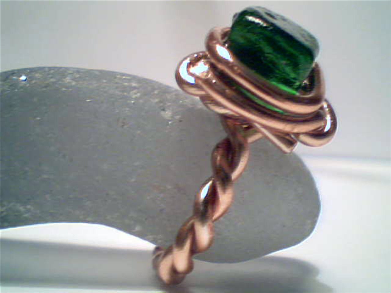 Genuine green beach sea glass wire wrapped handmade ring