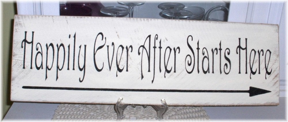 Happily Ever After Starts Here Primitive White Wood Fence Board Sign,Wedding, Romance Custom Sign