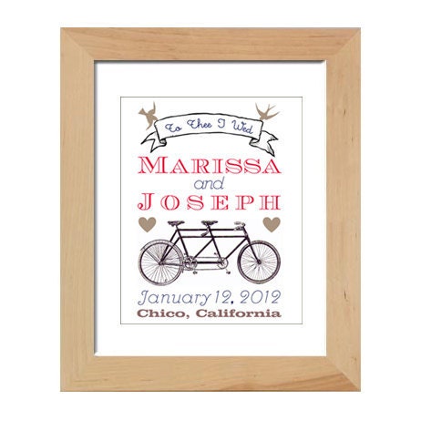 Personalized Wedding Gift: Tandem Bicycle Art Print, 8 by 10 digital print, bird with banner