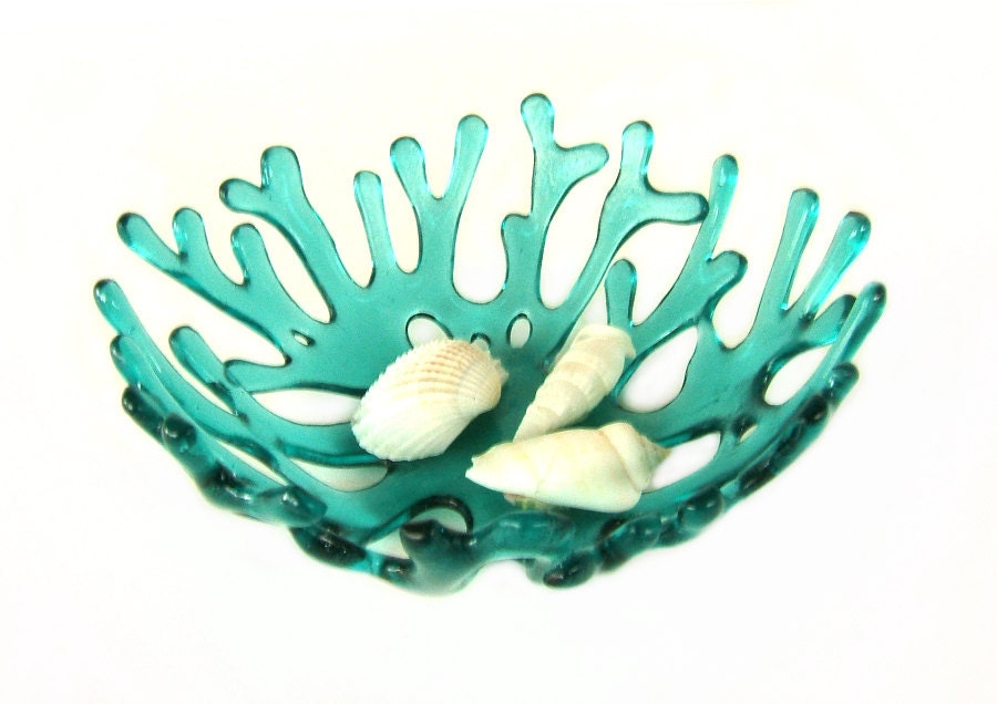 Aqua Turquoise Blue Art Glass Sea Coral Bowl