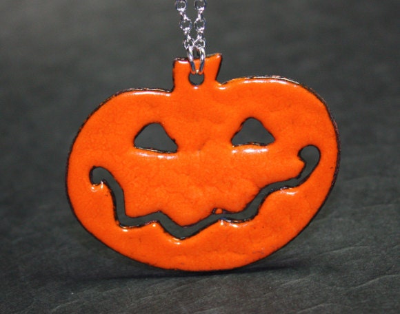 Halloween Orange and Dark Gray Enamel Copper Pumpkin Pendant necklace Free U S A Shipping