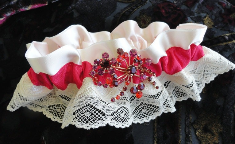 Brides Garter-Vintage 1930s Lace-Moire Ribbon-Austrian Crystals-Elegant One of a Kind