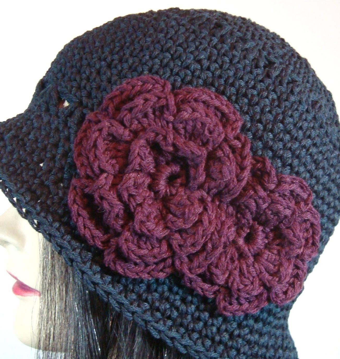 Black Cloche Hat with 2 Crocheted Flowers in WIne