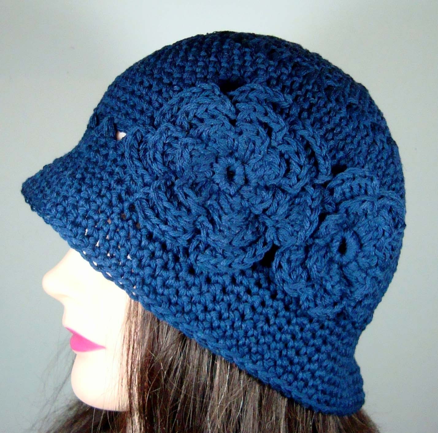 Cloche Hat with 2 Crocheted Flowers in Navy Blue