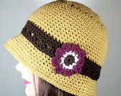 Organic Cotton Cloche Hat in Maize, Berry, Cream Flower, Dark Brown