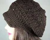 Dark Brown Organic Cotton Newsboy Hat, Textured Fitted Beanie