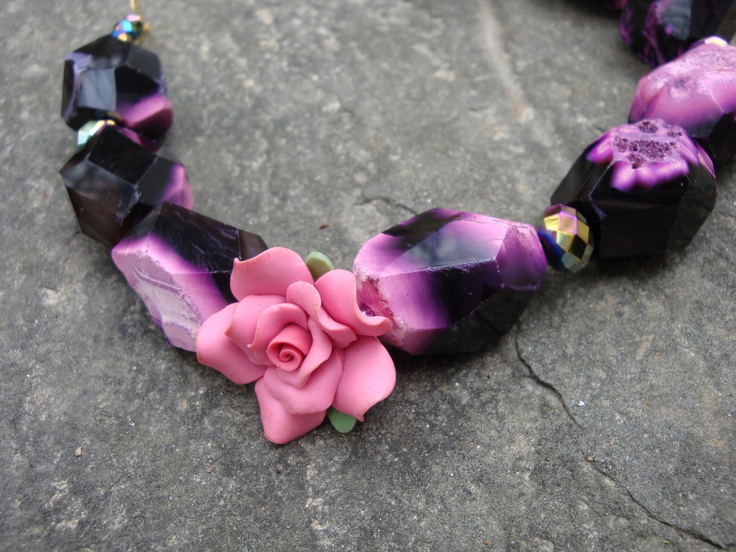 Chunky agate and crystal necklace with fimo clay rose.