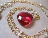 Hot Pink Quartz, Pearl Gold Necklace