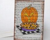 Whimsical Pumpkin and Candy Corn Pie - Original Art  Halloween Card  - Watercolor and Ink on Printed Book Page - Blank Inside