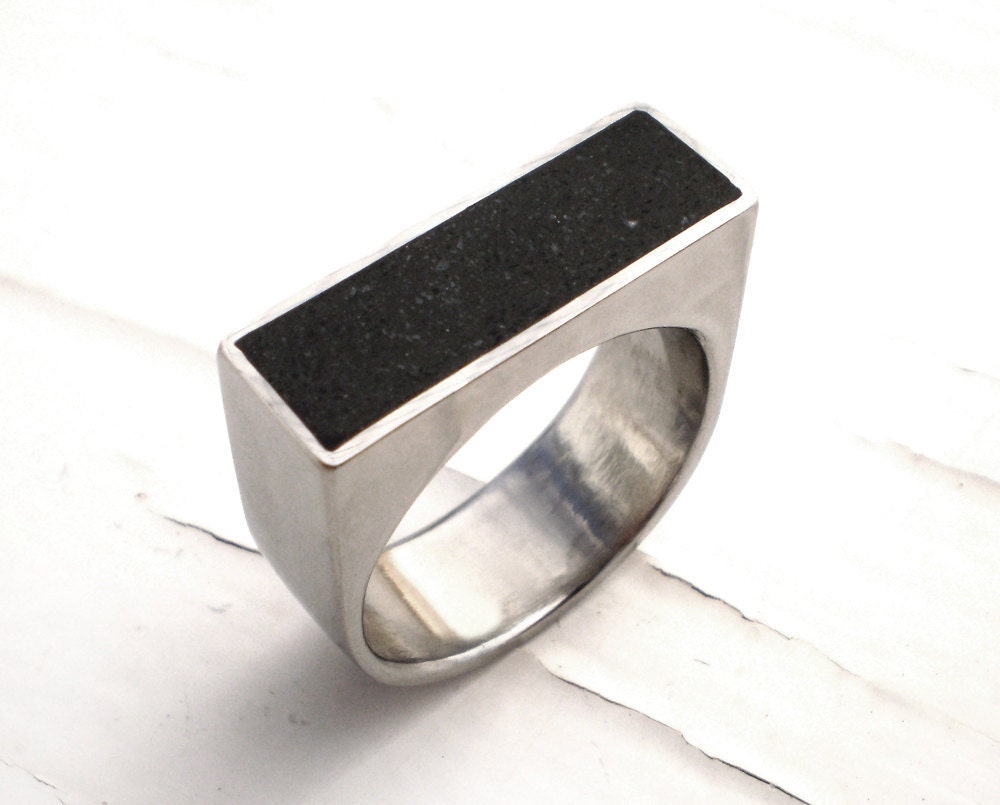 Black Ring, Ebony Concrete and Stainless Steel Chunky Rectangle Ring, Hollow Form - Nightshade