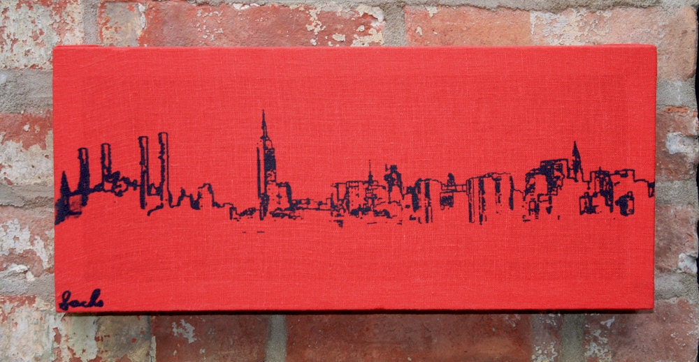 New York Skyline Stretched Linen Wall Hanging - Navy on Red