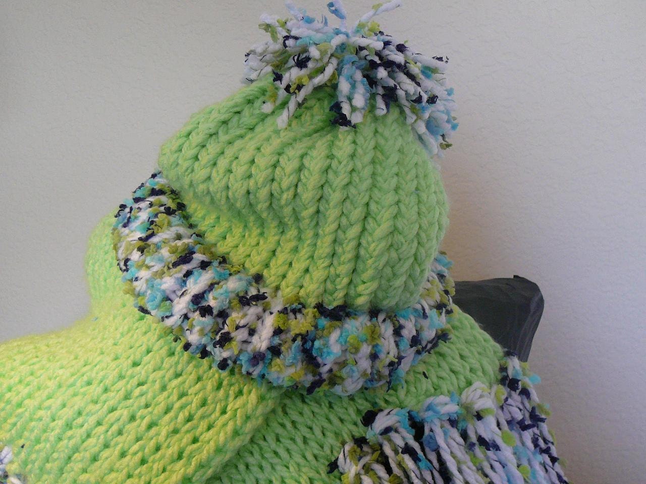 Bright green scarf and hat with multi color accents