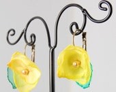 Handmade fabric flower earrings Sunshine yellow wearable art flower earrings ooak
