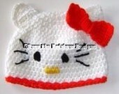 White and Red Kitty Cat Crochet Beanie Hat Newborn Size Red Bow