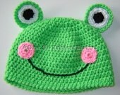 Cute Green FROG Crochet Beanie Hat Toddler Size