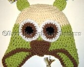 Green Cream and Light Brown Crochet OWL Earflap Hat Baby  Size